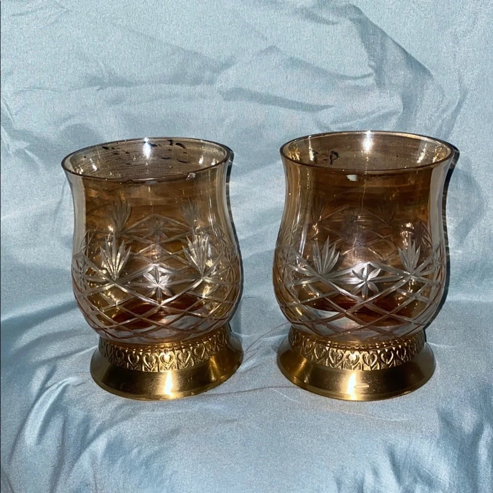 BX48 Elegant Amber Glass Candle Holders with Gold Base